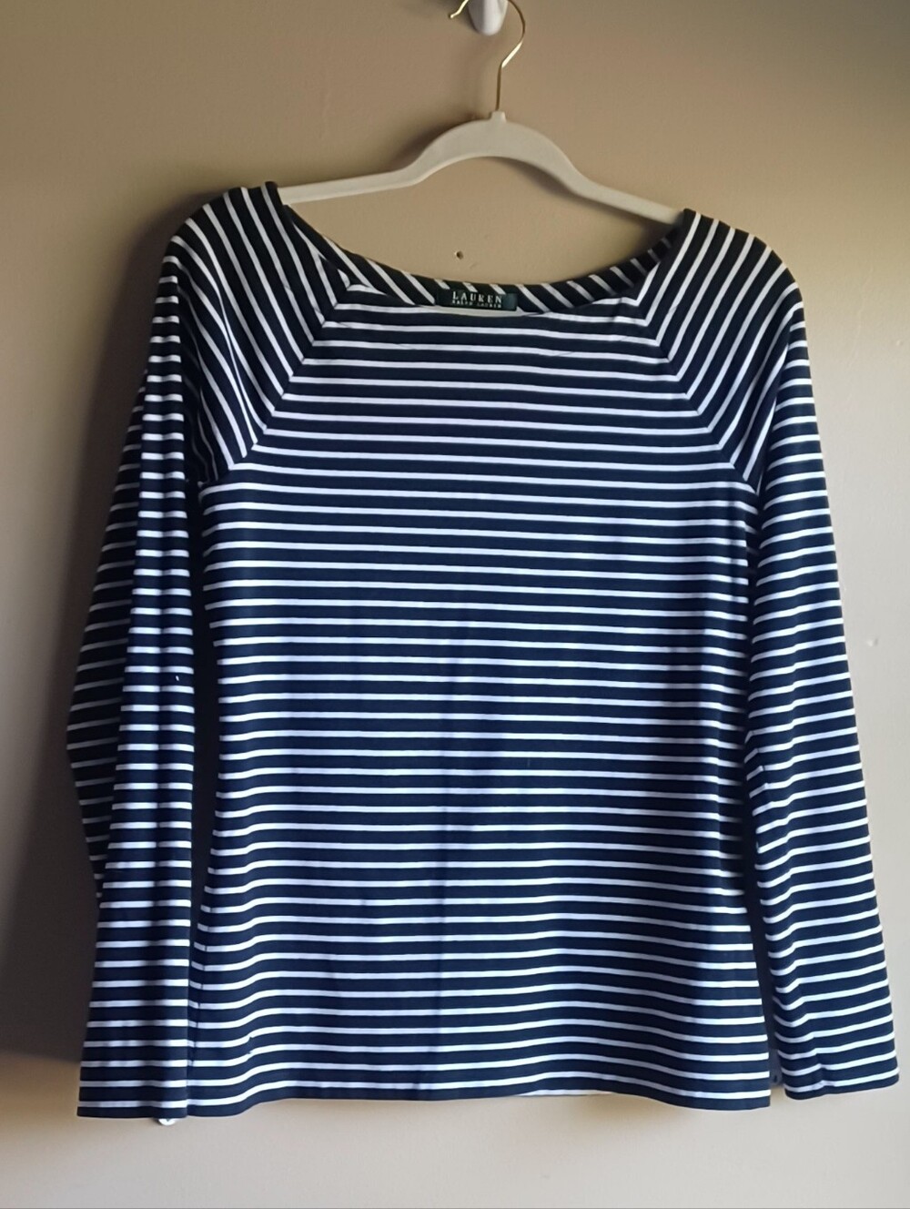 LAUREN RL Black And White Striped Long Sleeves Boatneck Top L